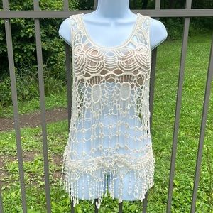 NWOT It’s Our Time Cream Crochet Lace w/ Fringe Boho Cotton Tank Top Size Small